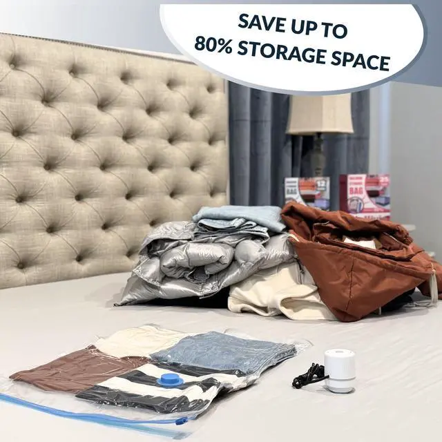 Alt view image 2 of 7 - Pack Vacuum Storage Bags With Electric Pump, Compression Space Saver for Comforter, Bedding, Blanket Storage, Vacuum Seal Bags for Clothing, Luggage and Closet Organizer