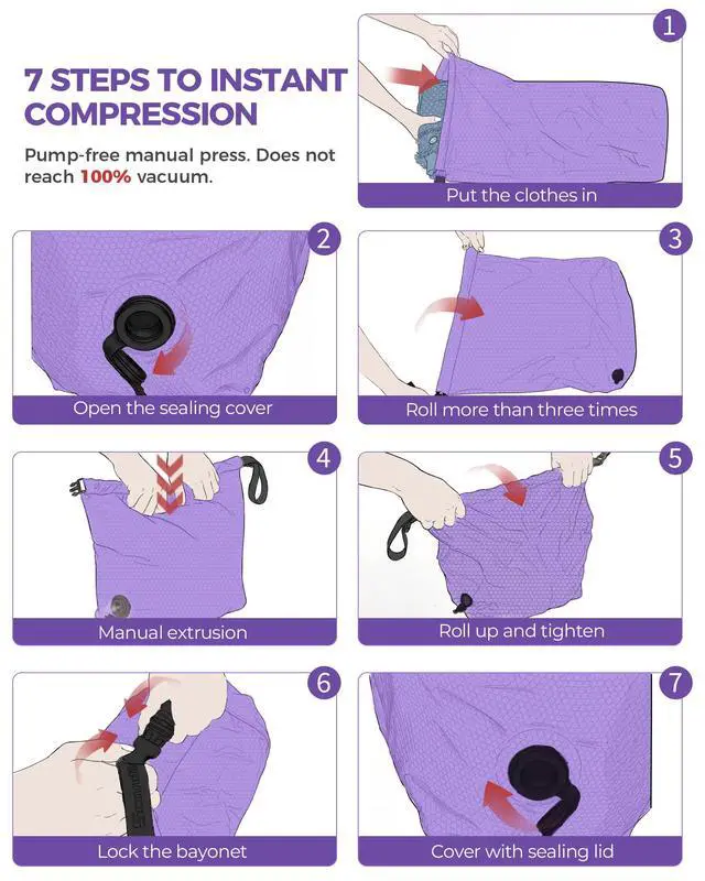 Alt view image 5 of 6 - Travel Laundry Bag, Pump-free Vacuum Compression Dirty Clothes Bag, Medium Reusable Waterproof & Washable Laundry Bag, Wet and Dry Bag, Ideal for Suitcases, Laundromats (1 Pack) Purple