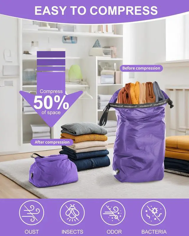 Alt view image 3 of 6 - Travel Laundry Bag, Pump-free Vacuum Compression Dirty Clothes Bag, Medium Reusable Waterproof & Washable Laundry Bag, Wet and Dry Bag, Ideal for Suitcases, Laundromats (1 Pack) Purple