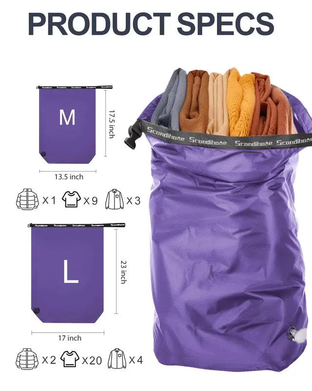 Alt view image 2 of 6 - Travel Laundry Bag, Pump-free Vacuum Compression Dirty Clothes Bag, Medium Reusable Waterproof & Washable Laundry Bag, Wet and Dry Bag, Ideal for Suitcases, Laundromats (1 Pack) Purple
