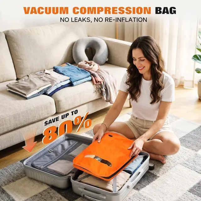 Alt view image 2 of 7 - Vacuum Bags for Travel with Wired Pump, Travel Compression Bags for Clothes, 180° Open Zipper, Save 80% Space, IP68 Waterproof Travelpack Vacuum Kit for Luggage, Suitcase, Home Storage (2 Pack + Pump)