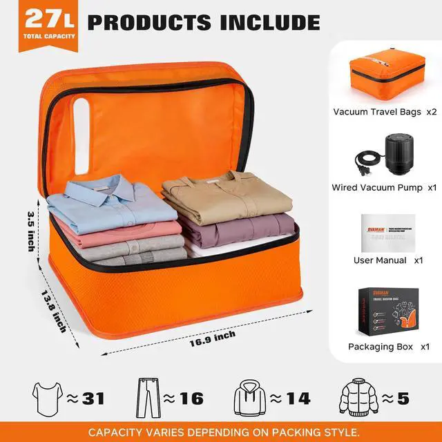 Alt view image 7 of 7 - Vacuum Bags for Travel with Wired Pump, Travel Compression Bags for Clothes, 180° Open Zipper, Save 80% Space, IP68 Waterproof Travelpack Vacuum Kit for Luggage, Suitcase, Home Storage (2 Pack + Pump)