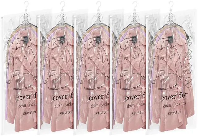 Main image of Hanging Vacuum Storage Bags 5 Pack Reusable Space Saver Bags for Clothes 43.3 x27.6 inch Vacuum Seal Storage Bag Dresses Space Bags for Suits, Coats or Jackets, Closet Organizer and Storage