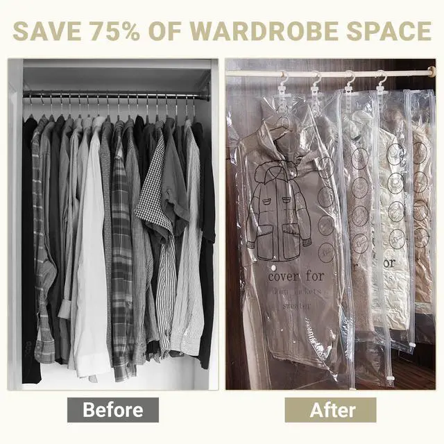 Alt view image 5 of 7 - Hanging Vacuum Storage Bags 5 Pack Reusable Space Saver Bags for Clothes 43.3 x27.6 inch Vacuum Seal Storage Bag Dresses Space Bags for Suits, Coats or Jackets, Closet Organizer and Storage