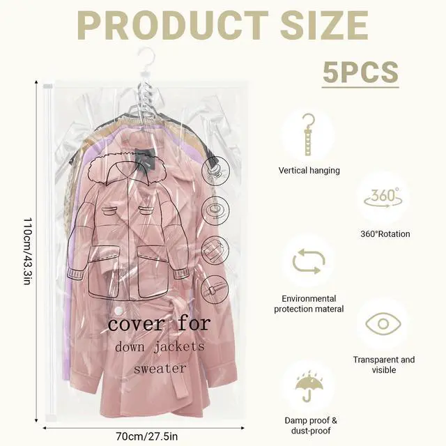 Alt view image 2 of 7 - Hanging Vacuum Storage Bags 5 Pack Reusable Space Saver Bags for Clothes 43.3 x27.6 inch Vacuum Seal Storage Bag Dresses Space Bags for Suits, Coats or Jackets, Closet Organizer and Storage