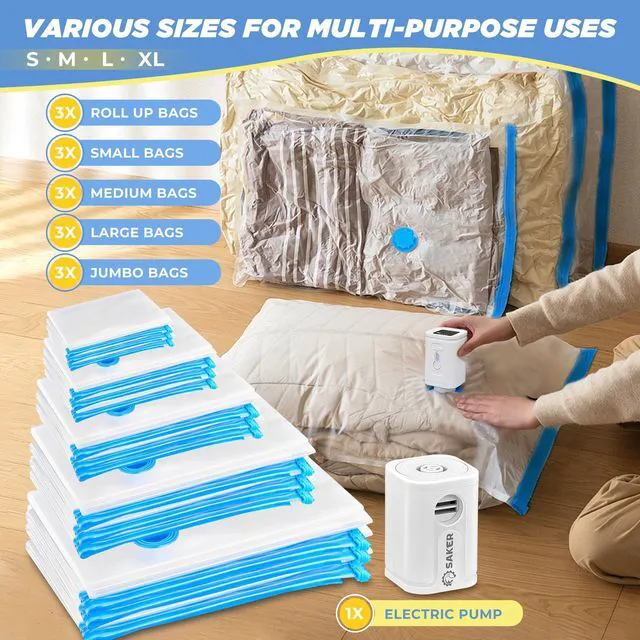Alt view image 6 of 7 - Vacuum Storage Bags with Electric Pump, Space Bags Vacuum Storage Bags, 2-in-1 Pumping and Inflation, 15 Pack (3 Jumbo,3 Large,3 Medium,3 Small,3 Roll Up Bags) for Clothes, Bedding, Travel