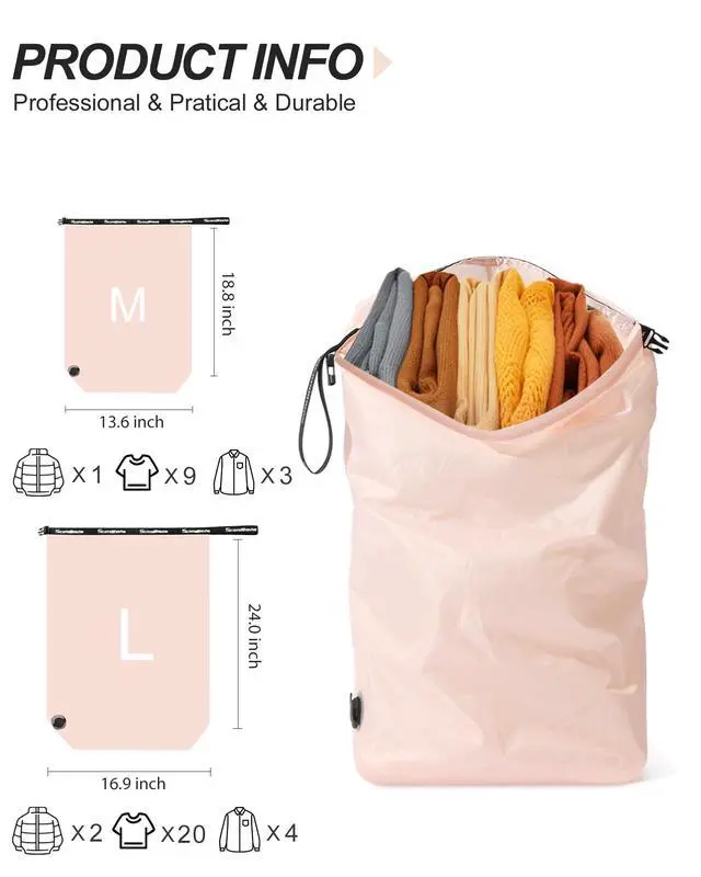 Alt view image 2 of 7 - Compression Travel Laundry Bag for Dirty Clothes, Pump-Free Laundry Bag for Suitcase & Dorm, Waterproof Wet Dry Clothes Organizer, Large Capacity Space Saving Travel Bag (1 Pcs)(Pink, L)