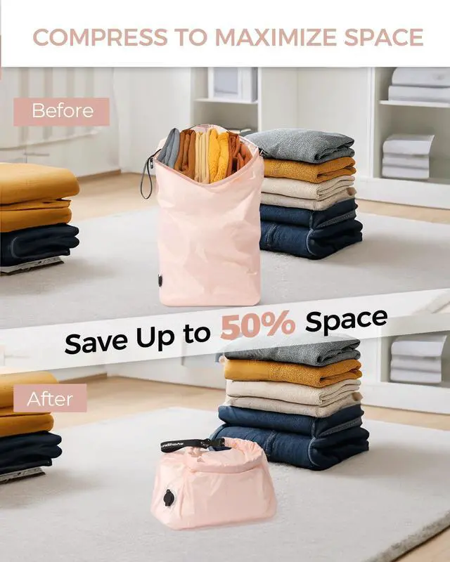 Alt view image 3 of 7 - Compression Travel Laundry Bag for Dirty Clothes, Pump-Free Laundry Bag for Suitcase & Dorm, Waterproof Wet Dry Clothes Organizer, Large Capacity Space Saving Travel Bag (1 Pcs)(Pink, L)