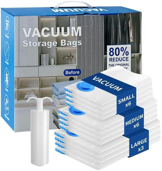 Main image of Seal Bags for Clothing Travel, Large Space Saver Storage Bags (15 Pack) - Thickened Waterproof Compression Packing Cubes for Luggage, Mattress & Blanket Storage, Hand Pump Included