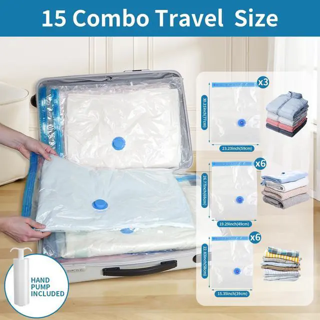 Alt view image 3 of 7 - Seal Bags for Clothing Travel, Large Space Saver Storage Bags (15 Pack) - Thickened Waterproof Compression Packing Cubes for Luggage, Mattress & Blanket Storage, Hand Pump Included