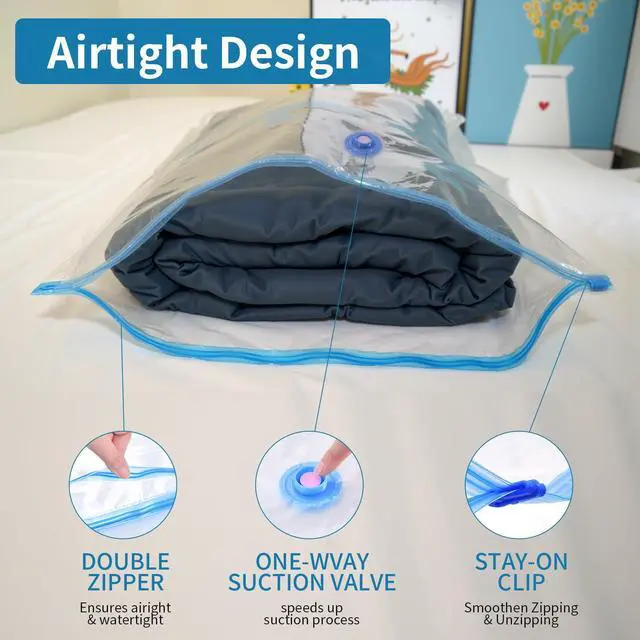 Alt view image 7 of 7 - Seal Bags for Clothing Travel, Large Space Saver Storage Bags (15 Pack) - Thickened Waterproof Compression Packing Cubes for Luggage, Mattress & Blanket Storage, Hand Pump Included