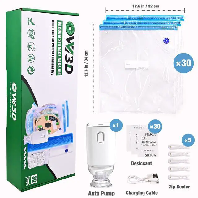 Alt view image 2 of 7 - Filament Storage Bags 30pcs, Plus Size 32X34cm 3D Printer Filament Storage Bags Vacuum Sealed Kit with 30 Desiccants, Auto Pump,Perfect for 3D Filament Storage or Using After Filament Dryer Box