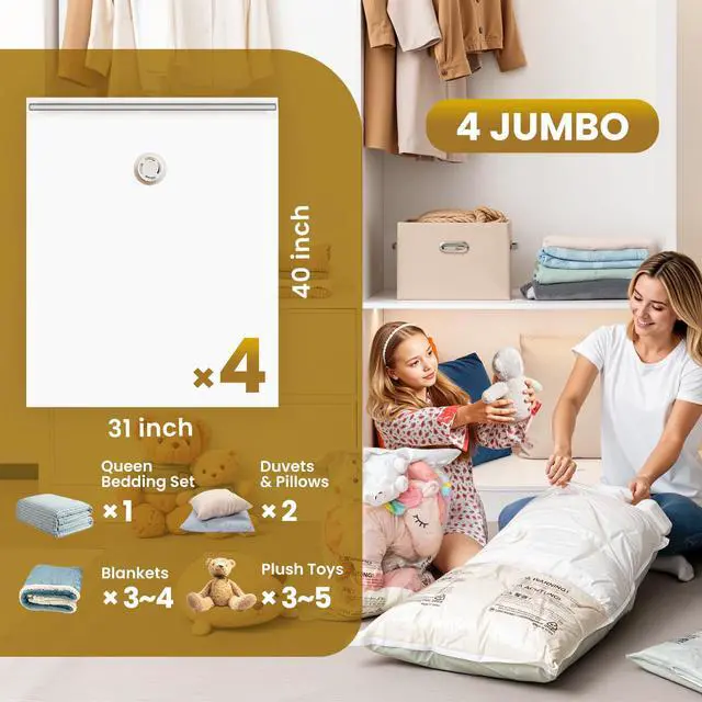 Alt view image 2 of 7 - 4 Pack Vacuum Storage Bags, Jumbo Size (31×40 inch), Vacuum Seal Bag for Clothing, Bulky Bedding, Comforter, Blankets, Pillows, Space Saver Packing