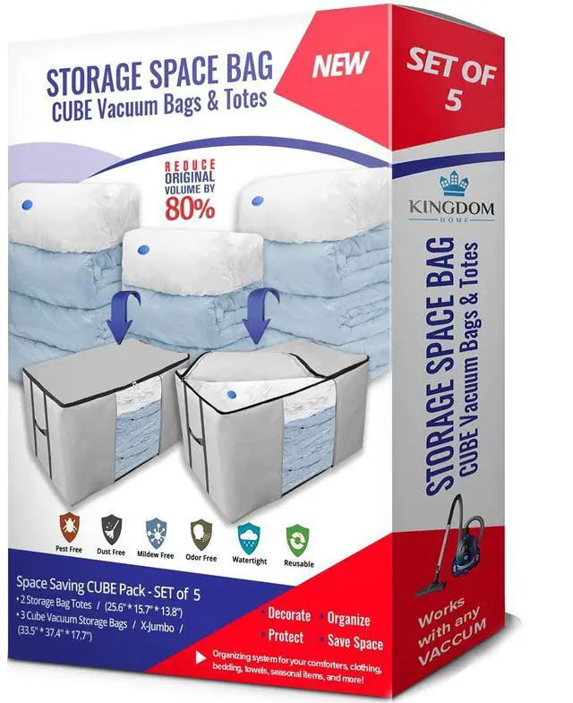 Alt view image 2 of 6 - Cube Vacuum Storage Bags, Space Saver Bags, Premium Totes with Cubic Vacuum Compression Seal Bags for Clothing & Bedding. Space Saving Jumbo Organizer for Storing Clothes, Comforters,Blankets,Pillows+