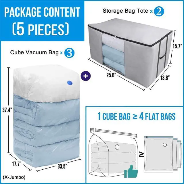 Alt view image 6 of 6 - Cube Vacuum Storage Bags, Space Saver Bags, Premium Totes with Cubic Vacuum Compression Seal Bags for Clothing & Bedding. Space Saving Jumbo Organizer for Storing Clothes, Comforters,Blankets,Pillows+