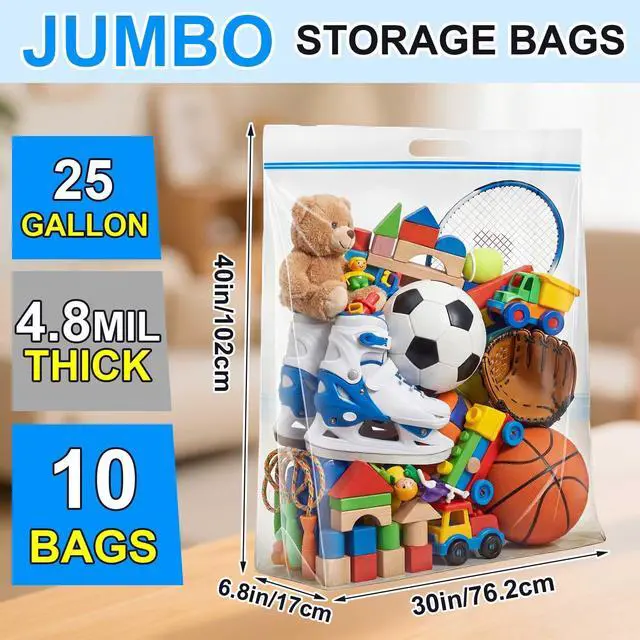 Alt view image 2 of 6 - 10 Pack 35 Gallon Extra Large Jumbo Storage Bags, 40" x 30" Clear Resealable Zipper Bags with Handles for Travel Clothes, Pillows, Blankets, Bedding, Seasonal Organizer
