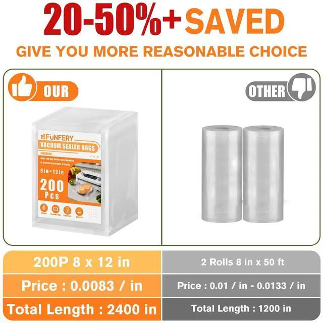 Alt view image 3 of 7 - 200 Precut Quart 8" x 12" BPA-Free Vacuum Sealer Bags for Food