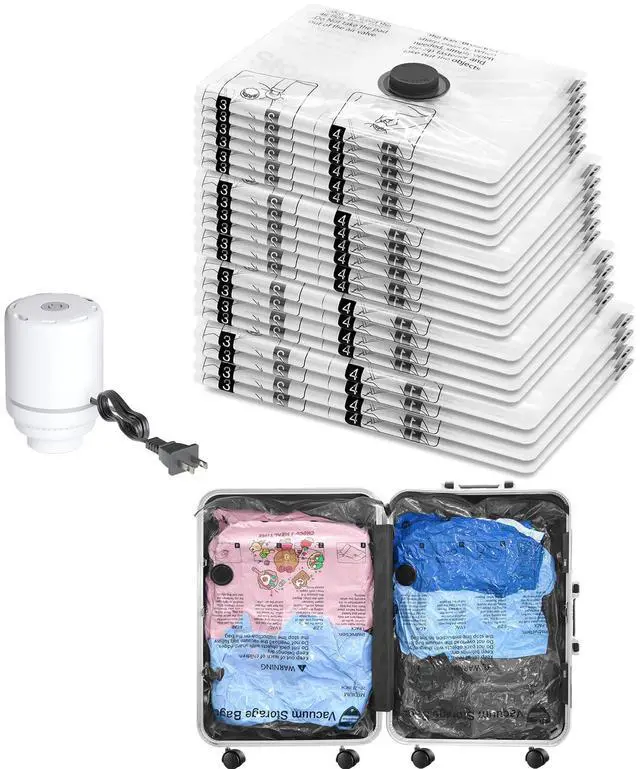 Main image of Vacuum Seal Bags for Clothing Travel and Home Storage, Travel Vacuum Bags with Electric Pump, Space Saver Compression Packing Cubes for Luggage Suitcase Bedding Blankets Clothes, 20 Combo