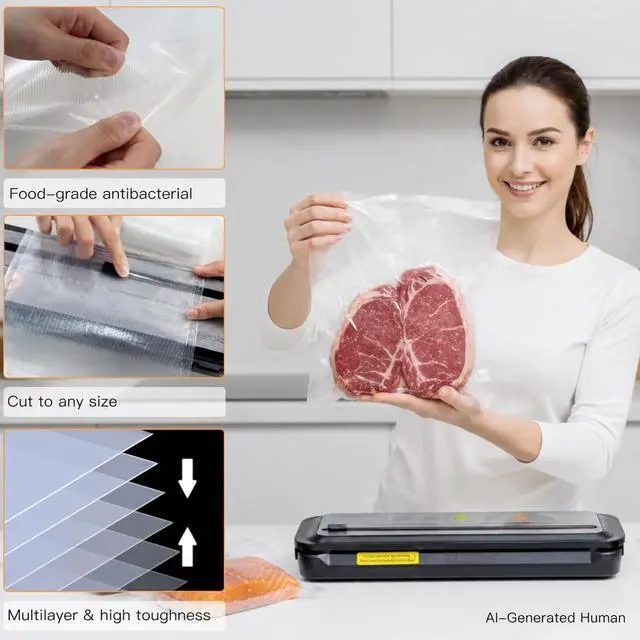Alt view image 2 of 6 - Vacuum Sealer Bags Replacement for the MEGAWISE Vacuum Sealer Machine, 8 x 21.6-inch BPA-Free Food Storage Bags, for Sous Vide and Meal Prep