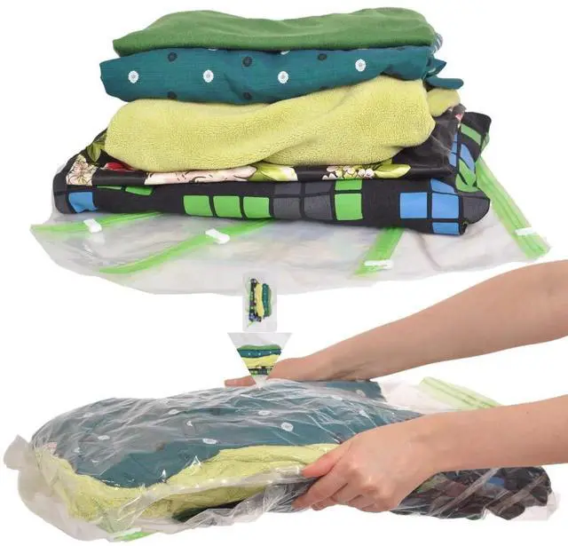 Main image of 8 Travel Space Saver Bags - No Vacuum or Pump - for Clothes - Reusable - Luggage Compression - Set of 4 L and 4 M Sacks - Transparent