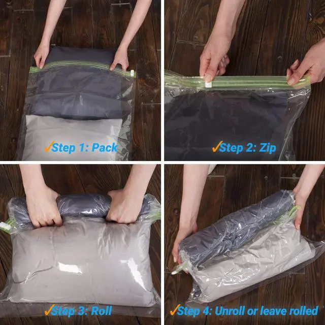 Alt view image 5 of 7 - 8 Travel Space Saver Bags - No Vacuum or Pump - for Clothes - Reusable - Luggage Compression - Set of 4 L and 4 M Sacks - Transparent