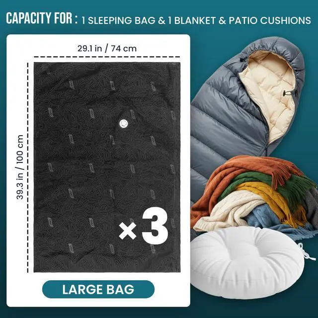 Alt view image 2 of 7 - Outdoor Vacuum Storage Bags 3 Pack, Travel Compression Bags (39x29 inch), Tear-Proof Vacuum Seal for Camping, Cushion, Clothing, Waterproof, Wearproof, Punctureproof
