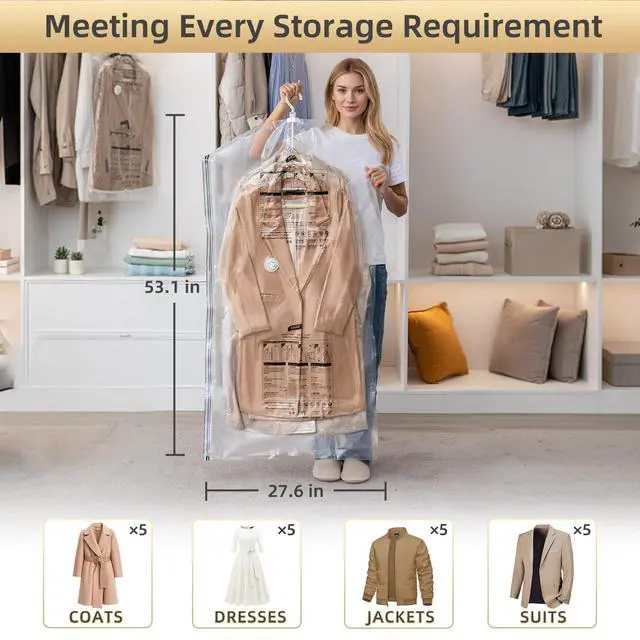 Alt view image 3 of 7 - Hanging Vacuum Sealer Storage Space Saver Bags for Clothes, Suits, Coats or Jackets, 4 Pack Jumbo 53x27.6 Inches, Clear