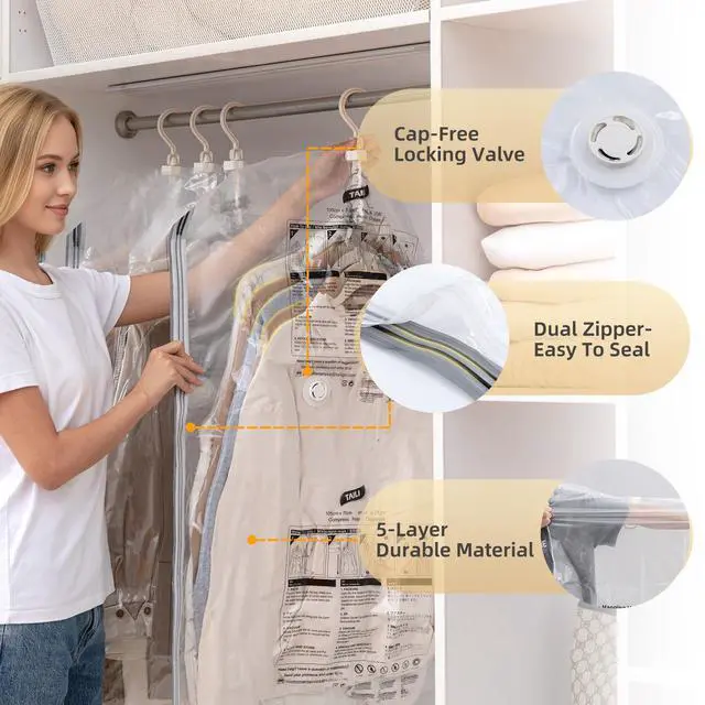 Alt view image 5 of 7 - Hanging Vacuum Sealer Storage Space Saver Bags for Clothes, Suits, Coats or Jackets, 4 Pack Jumbo 53x27.6 Inches, Clear