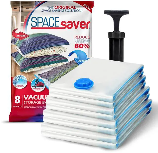 Main image of Vacuum Storage Bags with Hand Pump - Vacuum Seal Bags for Clothing, Comforters, Blankets - Reusable Compression Bags for Travel, Moving, Organization - 2S, 2M, 2L, 2XL Sizes - Pack of 8
