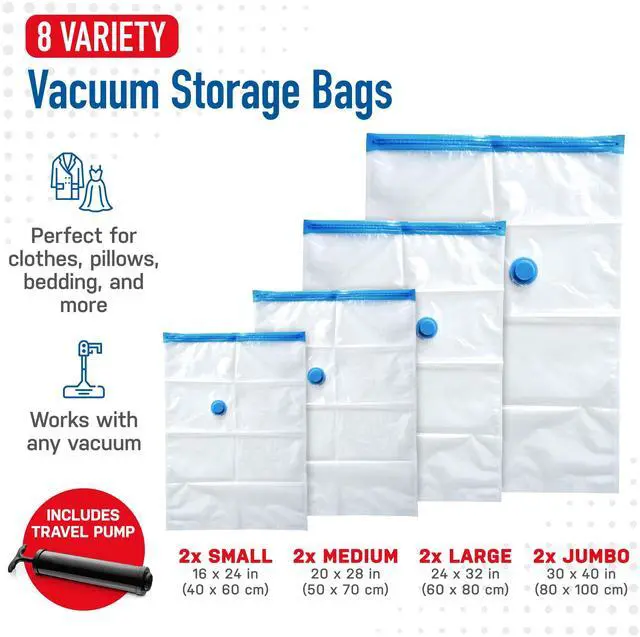 Alt view image 3 of 7 - Vacuum Storage Bags with Hand Pump - Vacuum Seal Bags for Clothing, Comforters, Blankets - Reusable Compression Bags for Travel, Moving, Organization - 2S, 2M, 2L, 2XL Sizes - Pack of 8