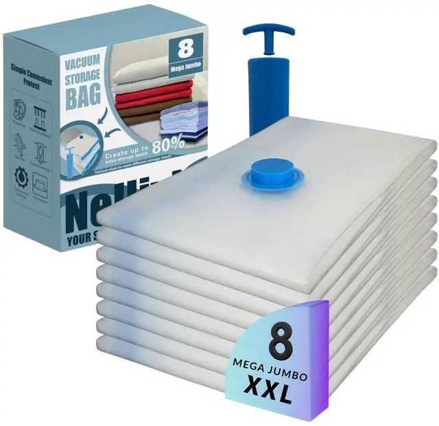 Main image of 8 Mega Jumbo XXL Vacuum Storage Bags with Pump, Supersized Compression Space Saver for Comforter, duvet, Bedding, Blanket storage, Vacuum Seal Bags for Clothing, Durable Safe Poly Material