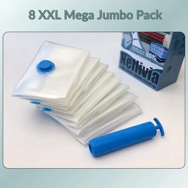 Alt view image 4 of 7 - 8 Mega Jumbo XXL Vacuum Storage Bags with Pump, Supersized Compression Space Saver for Comforter, duvet, Bedding, Blanket storage, Vacuum Seal Bags for Clothing, Durable Safe Poly Material
