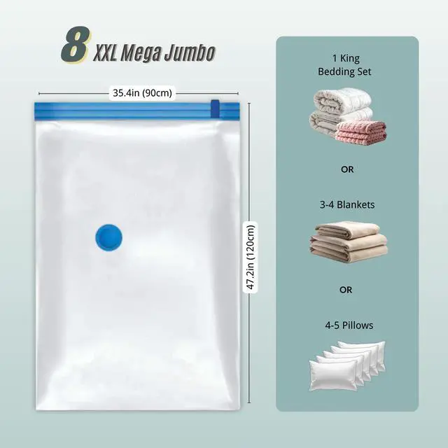 Alt view image 7 of 7 - 8 Mega Jumbo XXL Vacuum Storage Bags with Pump, Supersized Compression Space Saver for Comforter, duvet, Bedding, Blanket storage, Vacuum Seal Bags for Clothing, Durable Safe Poly Material