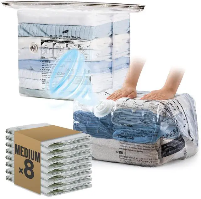 Main image of 8 Pack Cube Vacuum Storage Bags, Medium Size (25x19x11 inch), Vacuum Seal Bags for Clothing, No Pump Compression Packing Cube for Home Storage, Space Saving for Blankets, Baby Clothes, Pillows