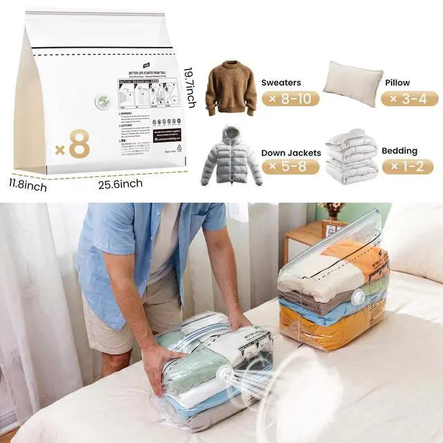 Alt view image 2 of 7 - 8 Pack Cube Vacuum Storage Bags, Medium Size (25x19x11 inch), Vacuum Seal Bags for Clothing, No Pump Compression Packing Cube for Home Storage, Space Saving for Blankets, Baby Clothes, Pillows