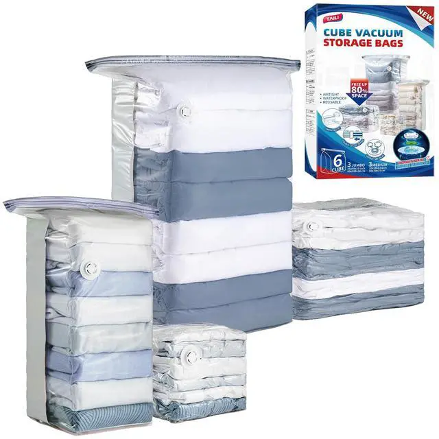Main image of 6 Pack Vacuum Storage Bags, Cube Space Saver Bags Combo (3 Jumbo +3 Medium), Vacuum Seal Bags for Bedding, Clothing, Comforters, Blankets, No Pump Compression Cube, 2 Size, Cream