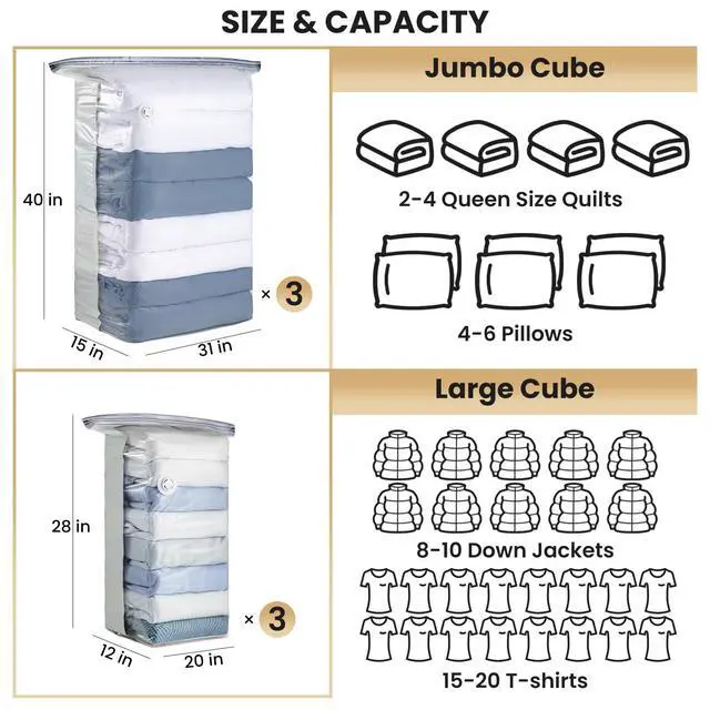 Alt view image 2 of 7 - 6 Pack Vacuum Storage Bags, Cube Space Saver Bags Combo (3 Jumbo +3 Medium), Vacuum Seal Bags for Bedding, Clothing, Comforters, Blankets, No Pump Compression Cube, 2 Size, Cream