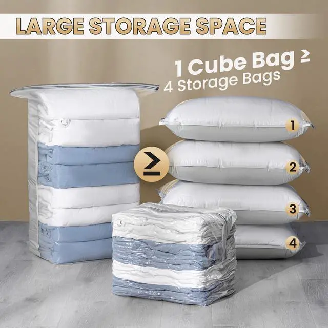 Alt view image 4 of 7 - 6 Pack Vacuum Storage Bags, Cube Space Saver Bags Combo (3 Jumbo +3 Medium), Vacuum Seal Bags for Bedding, Clothing, Comforters, Blankets, No Pump Compression Cube, 2 Size, Cream