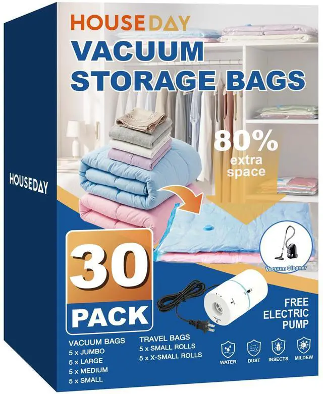 Main image of Vacuum Storage Bags with Electric Pump, 4 Sizes + 2 Roll-Up (5 Each), Space Saver Vacuum Seal Bags for Clothing, Bedding, Pillows, Travel Airtight Seal, Reusable & Durable