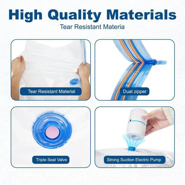 Alt view image 4 of 7 - Vacuum Storage Bags with Electric Pump, 4 Sizes + 2 Roll-Up (5 Each), Space Saver Vacuum Seal Bags for Clothing, Bedding, Pillows, Travel Airtight Seal, Reusable & Durable