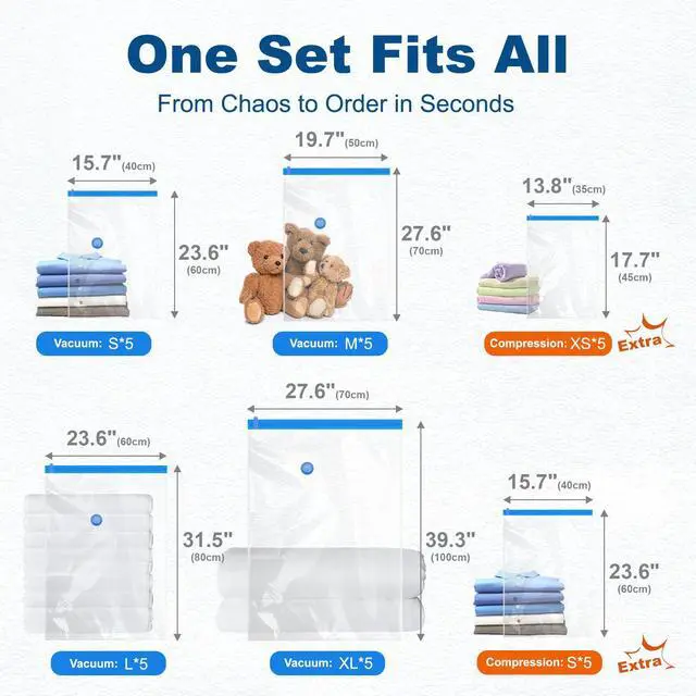 Alt view image 6 of 7 - Vacuum Storage Bags with Electric Pump, 4 Sizes + 2 Roll-Up (5 Each), Space Saver Vacuum Seal Bags for Clothing, Bedding, Pillows, Travel Airtight Seal, Reusable & Durable