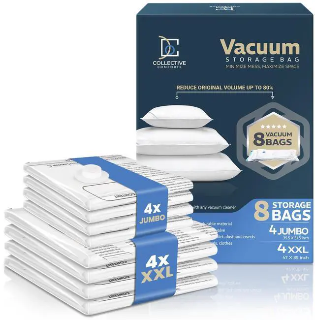 Main image of 8 Pack Vacuum Storage Bags 4 XXL & 4 Jumbo Vacuum Seal Bags for Blankets, Comforters, Clothing & Bedding - Space Saver Compression Bags