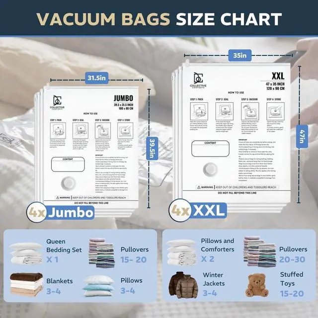 Alt view image 2 of 7 - 8 Pack Vacuum Storage Bags 4 XXL & 4 Jumbo Vacuum Seal Bags for Blankets, Comforters, Clothing & Bedding - Space Saver Compression Bags