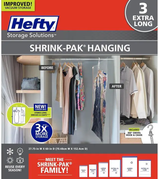 Main image of Hanging Compression Bags 3 Extra Long Vacuum Garment Storage Bags for Clothes, Travel, Closet Organization (60 X 27 Inches) (X-Large)