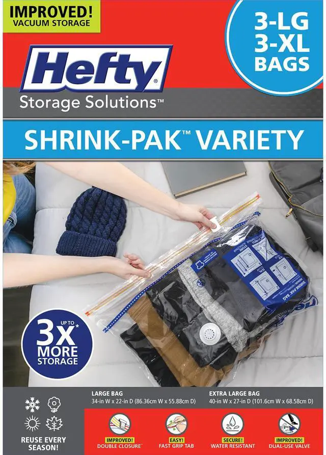 Main image of Pak Vacuum Storage Bags - Space Saver for Under Bed Storage, Clothing and Comforters, Odor Resistant, 3X More Storage Space - 3 Large, 3 XL Bags