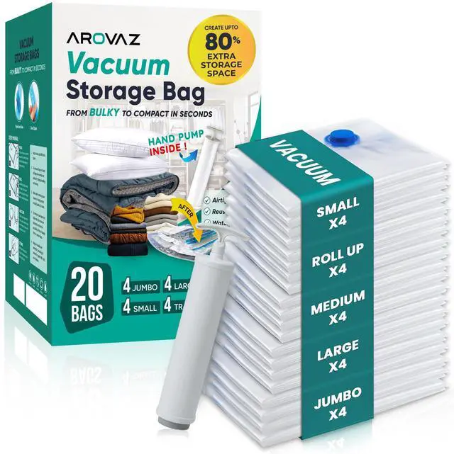 Main image of Vacuum Storage Space Saver Bags 80% Compression for Clothing Travel, Plastic Space Saver Suction Bag Clothes, Blankets, Bedding Jumbo Large (20 Pack) Hand Pump