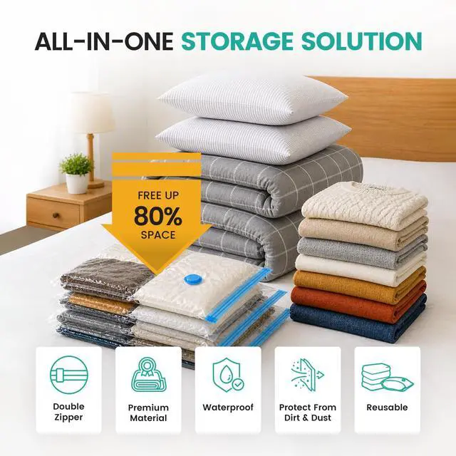 Alt view image 2 of 7 - Vacuum Storage Space Saver Bags 80% Compression for Clothing Travel, Plastic Space Saver Suction Bag Clothes, Blankets, Bedding Jumbo Large (20 Pack) Hand Pump