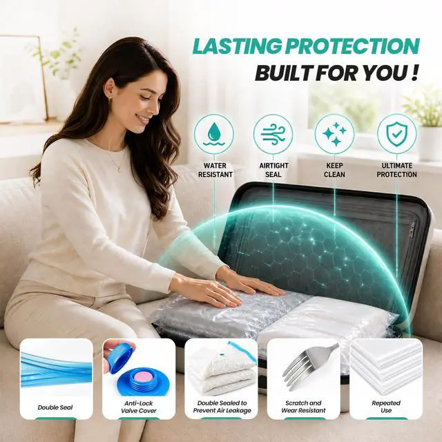 Alt view image 5 of 7 - Vacuum Storage Space Saver Bags 80% Compression for Clothing Travel, Plastic Space Saver Suction Bag Clothes, Blankets, Bedding Jumbo Large (20 Pack) Hand Pump