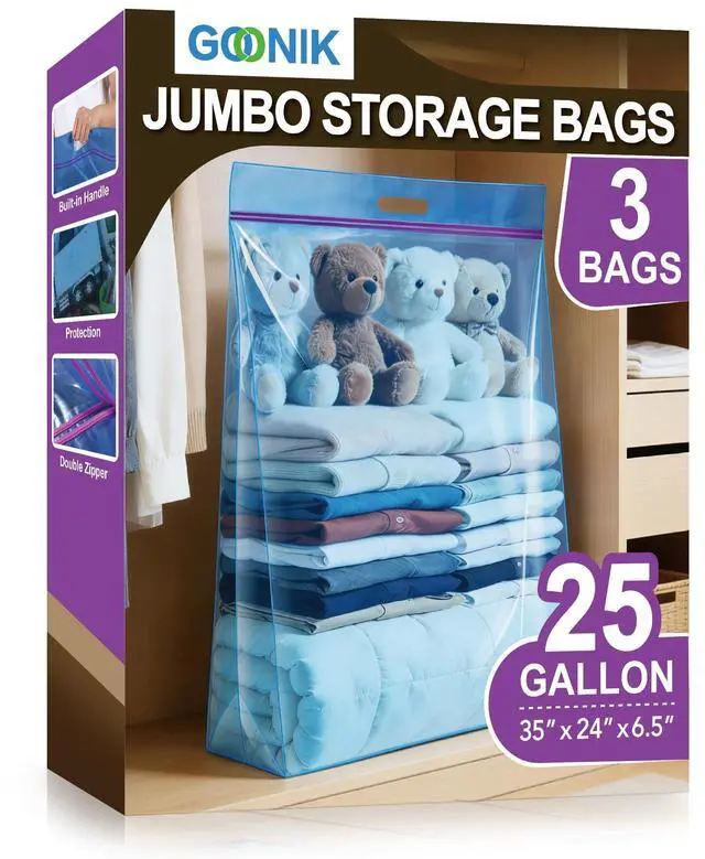 Main image of 25 Gallon Jumbo Storage Bags with Zipper and Handle for Clothes Pillow Travel Moving, Extra Large, 35 x 24, Blue, Pack of 3