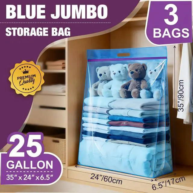 Alt view image 2 of 7 - 25 Gallon Jumbo Storage Bags with Zipper and Handle for Clothes Pillow Travel Moving, Extra Large, 35 x 24, Blue, Pack of 3